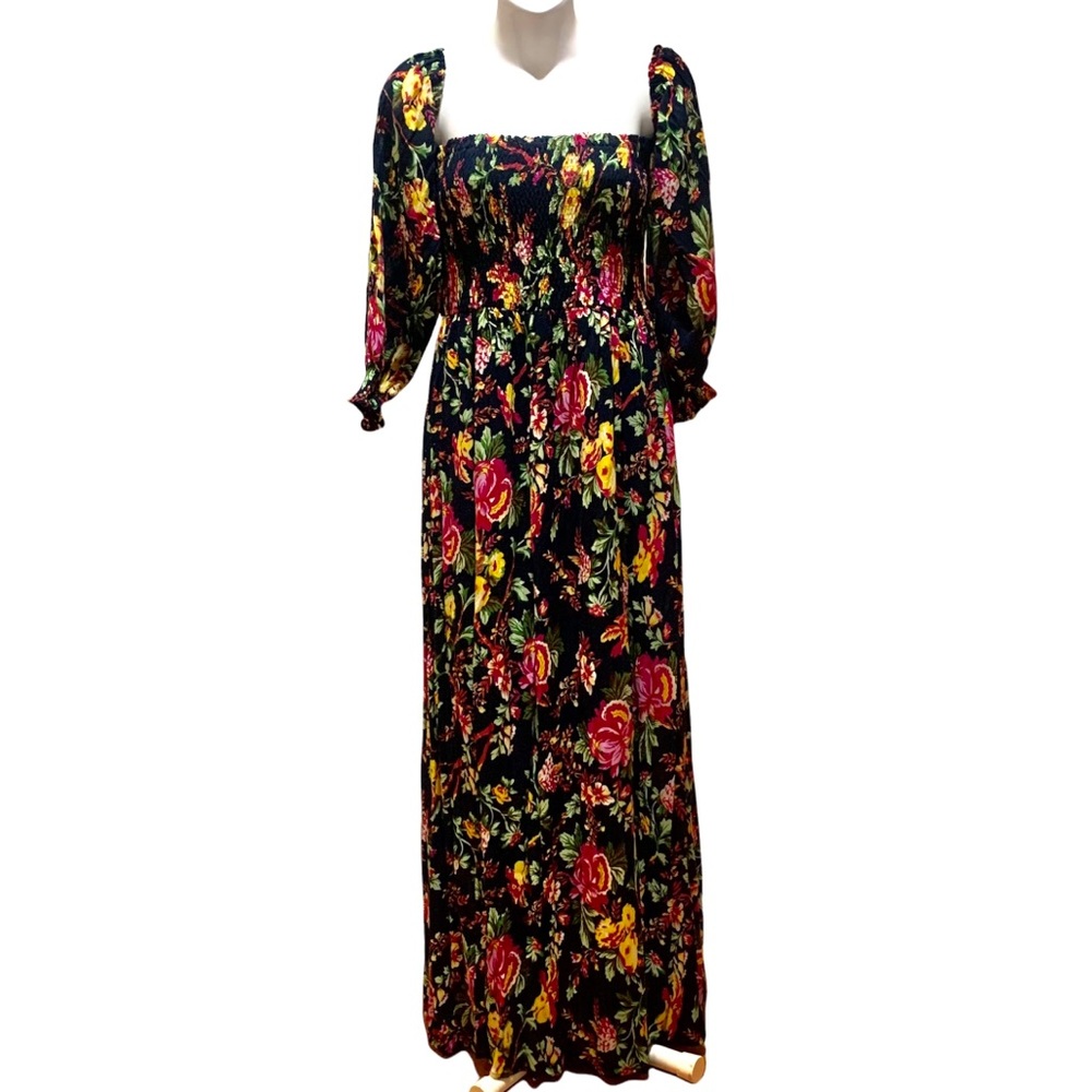 J.GEE Maxi Off The Shoulder Long Sleeve Navy Blue Floral Dress SIZE M